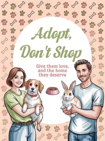 Adote, não compre, modelo de design para cartazes de resgate de animais com pets e donos amorosos.