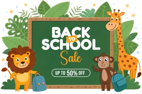 Back to School Sale Design Template with Cute Animal Characters for Kids' Flyers