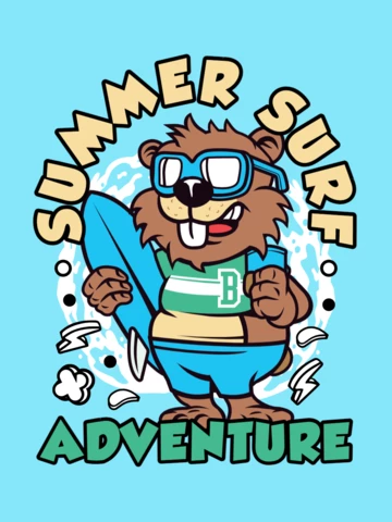 Surf de verão com modelo de design de camiseta de personagem de castor