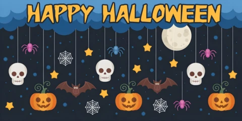 Cadılar Bayramı kutlaması, jack-o'-lantern'lar, kafatasları ve sevimli örümcekler facebook kapak tasarım şablonu