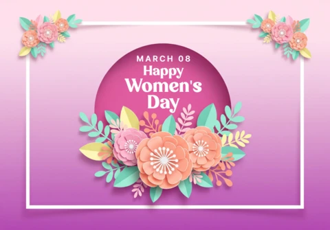 Cartaz de celebração do Dia da Mulher com flores decorativas, centro circular e tema pastel festivo.