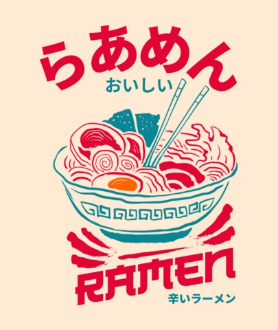 T-shirt design template de bol de nouilles japonaises ramen épicées avec une typographie audacieuse et des vibes de saveur délicieuse.