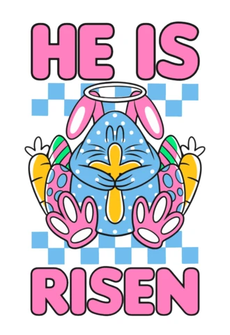 Él ha resucitado, conejo azul de Pascua sosteniendo una cruz con diseño de camiseta de huevos decorados.