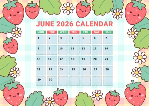 Июнь 2026 года, ежемесячный календарь с милыми персонажами клубники и кавайными иллюстрациями фруктов.