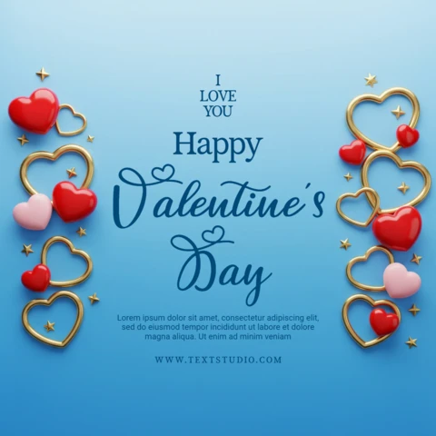 Cartão de saudação de Dia dos Namorados tema romântico azul com motivos de coração e citação de amor.