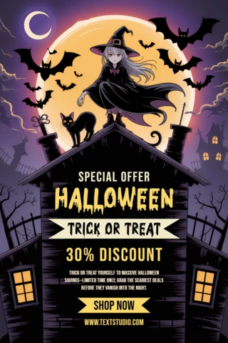 Design del template di Halloween in stile manga spettrale con strega e pipistrelli per la promozione di volantini