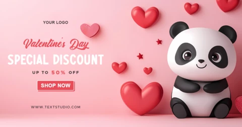 Valentine's Day Discount Design Template with Cute Panda and Hearts