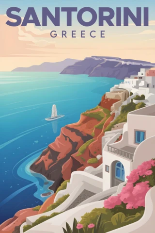 Kayalık yamaçtaki beyaz evler, pembe çiçekler ve gün batımı deniz manzarası ile Santorini seyahat posterleri tasarım şablonu