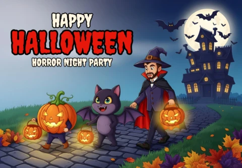 Spooky Horror Night Cute Pumpkin, Vampire & Bat Cat Characters with Haunted House & Full Moon Design Template for Festive Flyers