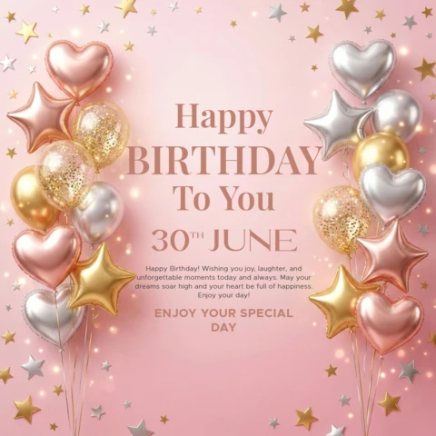 Póster decorativo de cumpleaños fondo rosa con globos, estrellas doradas y plateadas, y un alegre cumpleaños.