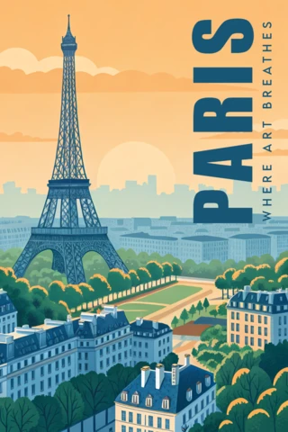 Paris Skyline Illustration Design Template for Retro Flat Travel Posters