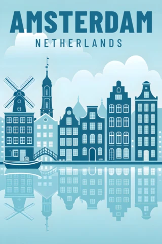 Amsterdam Cityscape Design for Blue Tones Travel Posters Print