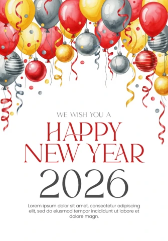 Kartka akwarelowa na szczęśliwy nowy rok 2026 z czerwonymi, żółtymi, srebrnymi balonami, konfetti i serpentynami