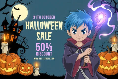 Halloween Themed Design Template with Cartoon Wizard for Promotional Flyer