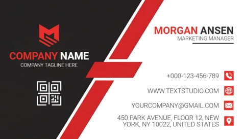 Plantilla de tarjeta de visita profesional diseño de ola roja y negra con código QR