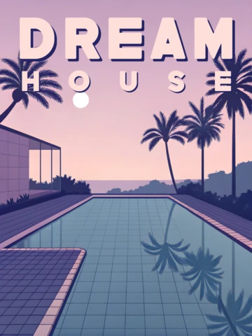 Retro Flat Dream House Design with Pool and Palm Trees for Poster Or Wall Art