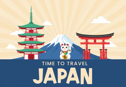 Temps de voyager au Japon affiche mont Fuji, porte torii, pagode et maneki-neko dans une scène culturelle vibrante