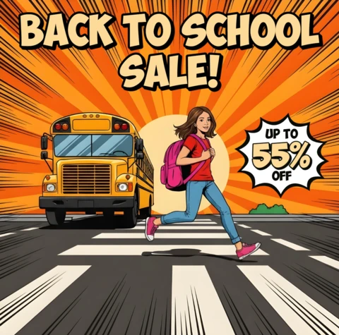 Vendita di ritorno a scuola fumettistica, studente che corre con uno zaino e modello di offerta a tempo limitato per volantini promozionali