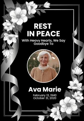 Elegancki okrągły plakat z hołdem fotograficznym z srebrnymi wstążkami i białą ramą kwiatową w projekcie rest in peace.