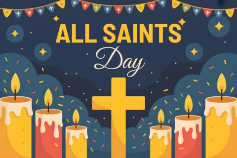 Candlelit Scene Honoring Saints with Stars & Sacred Light All Saints’ Day Greeting Card Design Template