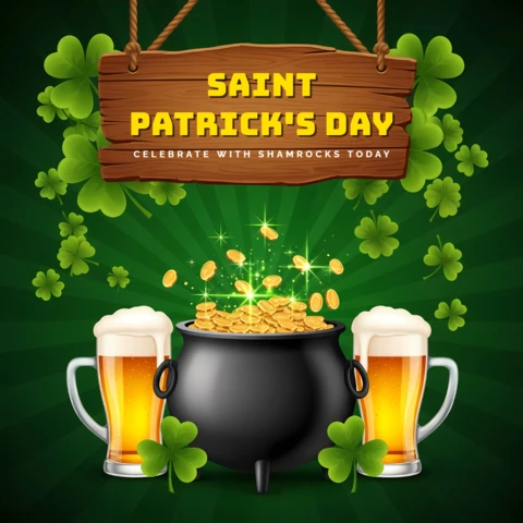 Feiervorlage zum St. Patrick's Day mit Kleeblättern und Bierdesign für festliche Flyer