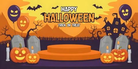 Template de design de capa do YouTube com abóboras brilhantes, lápides engraçadas e cena de casa assombrada de cemitério de Halloween.
