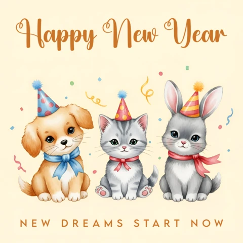 Plantilla de diseño de celebración de Año Nuevo con animales adorables para tarjetas de felicitación.