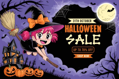 Whimsical Halloween Sale Template with Witch Character for Promotional Posters