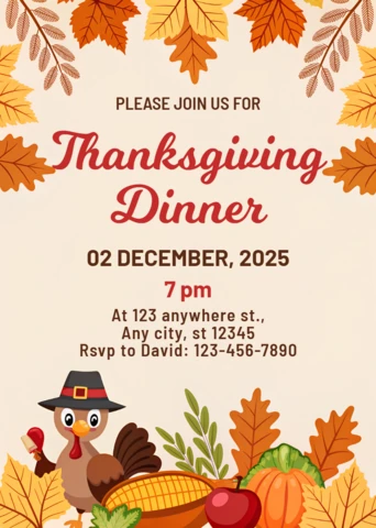 Thanksgiving Dinner Invitation Template with Whimsical Turkey and Autumn Leaves Design