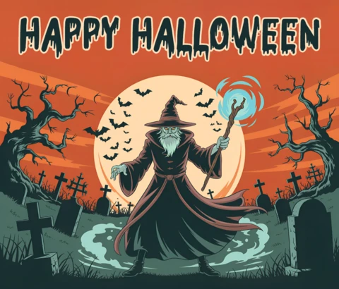 Design delizioso di Halloween con stregone per poster e biglietto d'auguri