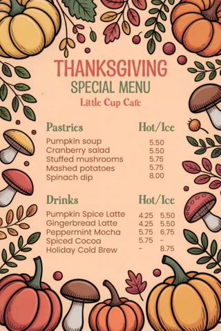 Thanksgiving Menu Design Template with Whimsical Pumpkins for Cafes