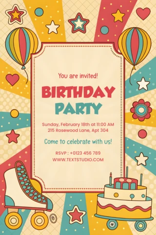 Playful Vintage Birthday Party Invitation Template Design for Skating Kids