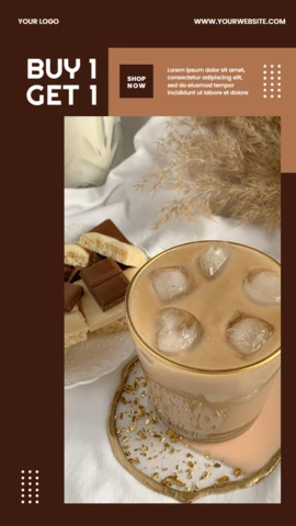 Plantilla de diseño para publicación en historias de Instagram con oferta de café de compra 1 y llévate 1 más