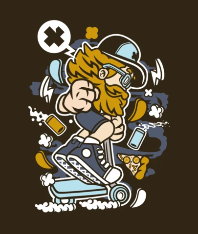 スクーターに乗るスケーターの男の子の漫画のキャラクターのTシャツのデザインテンプレート