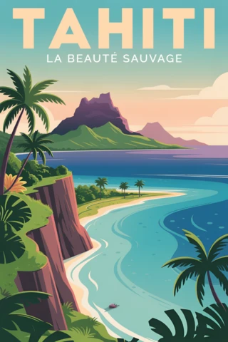 Tahiti Vintage Travel Poster Design Template with Tropical Landscape for Promotional Use