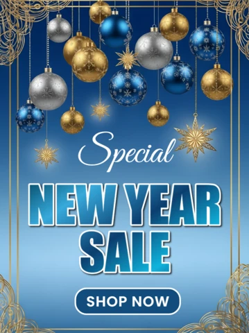 New Year Sale Design Template with Festive Ornaments for Promotional Flyers