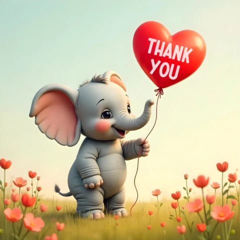 Adorable plantilla de tarjeta de agradecimiento de elefante con globo de corazón y flores