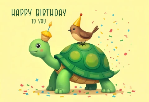 Adorable Turtle and Bird Birthday Card Template