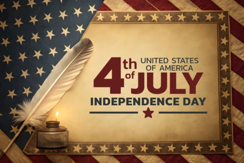 Template de design vintage do dia da independência de 4 de julho com bandeira americana e pena.