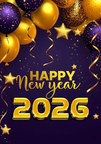Modelo de design de feliz ano novo 2026 com balões roxos e dourados