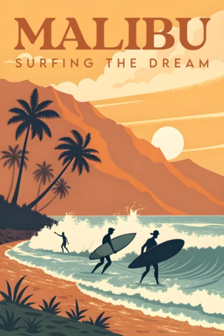 Malibu Surfing Dream Retro Design Template for Posters