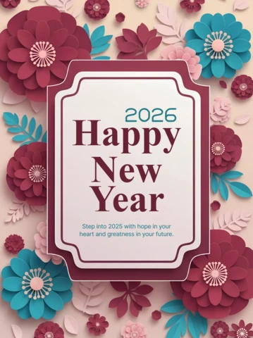 Plantilla de diseño de tarjeta de felicitación de año nuevo floral con estilo de corte de papel