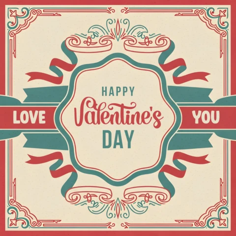 Plantilla de diseño de tarjeta de saludo vintage para el día de San Valentín con cintas decorativas.