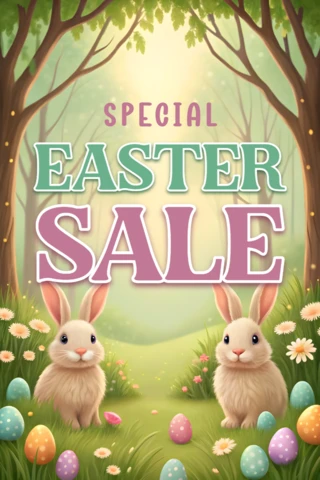 Whimsical Easter Sale Design Template with Cute Bunnies and Pastel Colors