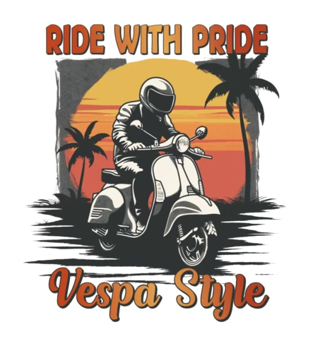 T-shirt design template "Roulez avec fierté, style Vespa et aventures au coucher du soleil"