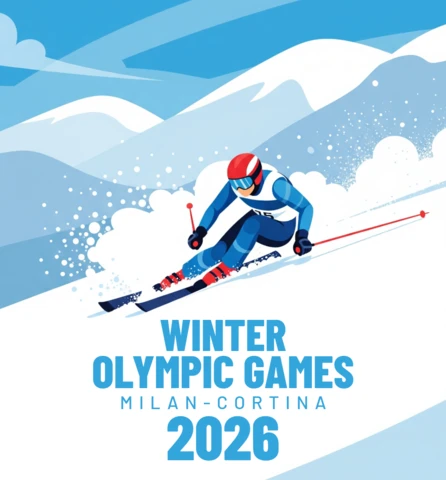 Póster de los Juegos Olímpicos de Invierno de Milán-Cortina 2026, esquiador de descenso, montañas nevadas y energía alpina de Milán-Cortina.