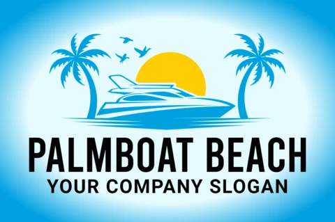Palm Boat Beach Logo Design Template