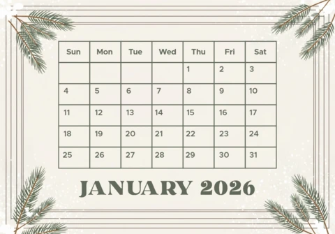January 2026 Calendar Template Frosty Pine Corner Design with Snowflake Glow and Elegant Typography