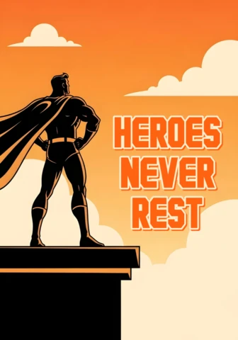 Los héroes nunca descansan, silueta de superhéroe en un borde con diseño de cartel de cielo naranja.