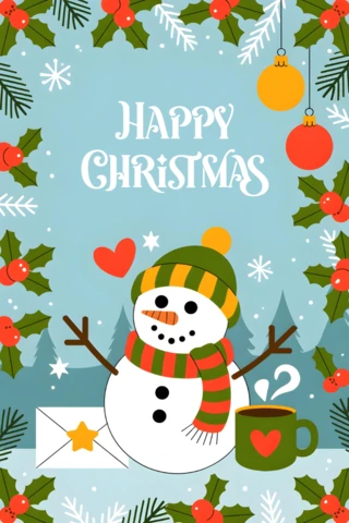 Tarjeta de Navidad feliz con un muñeco de nieve rodeado de copos de nieve, hojas de acebo y un diseño de adornos colgantes.